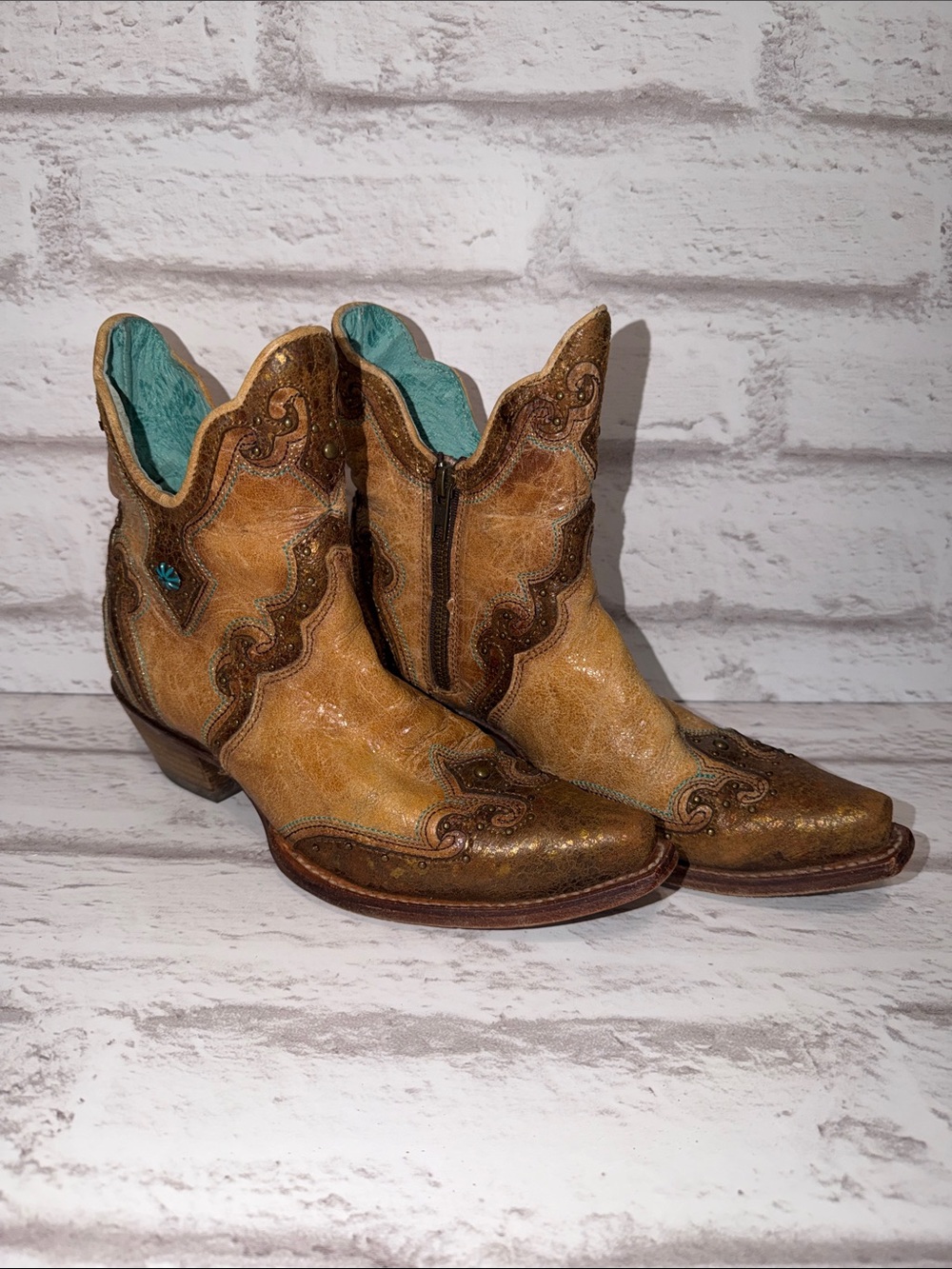 CORRAL C3489 Leather Brown/Tan/Bronze Western Ankle Boots w/Turquoise Trim Sz 6M